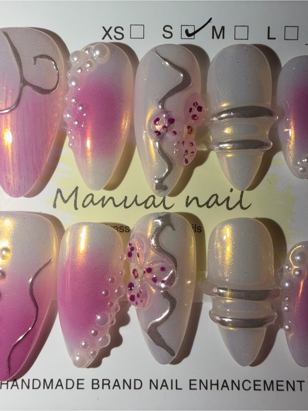 Handmade Pink Pearl Ombre Press-On Nails with Silver Accents